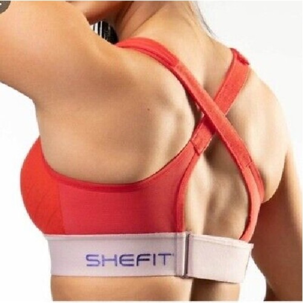 SHEFIT Red Front-Zip Cross-Back Sports Bra with Pink Band - Picture 2 of 8